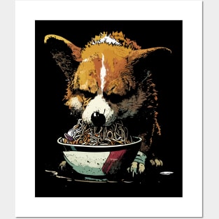 Corgi Dog Eating Ramen Noodles Posters and Art